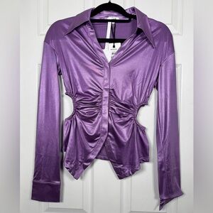 Lavender Ruched Satin Blouse Cutout Waist Going Out Top Y2K Size S NWT